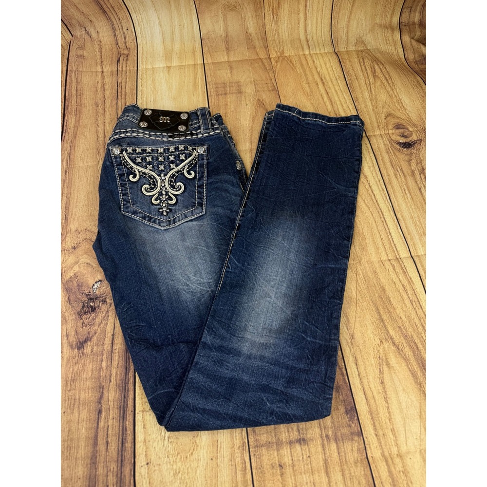 Miss Me signature straight jeans Medium Wash Embroidered Rhinestone Studded